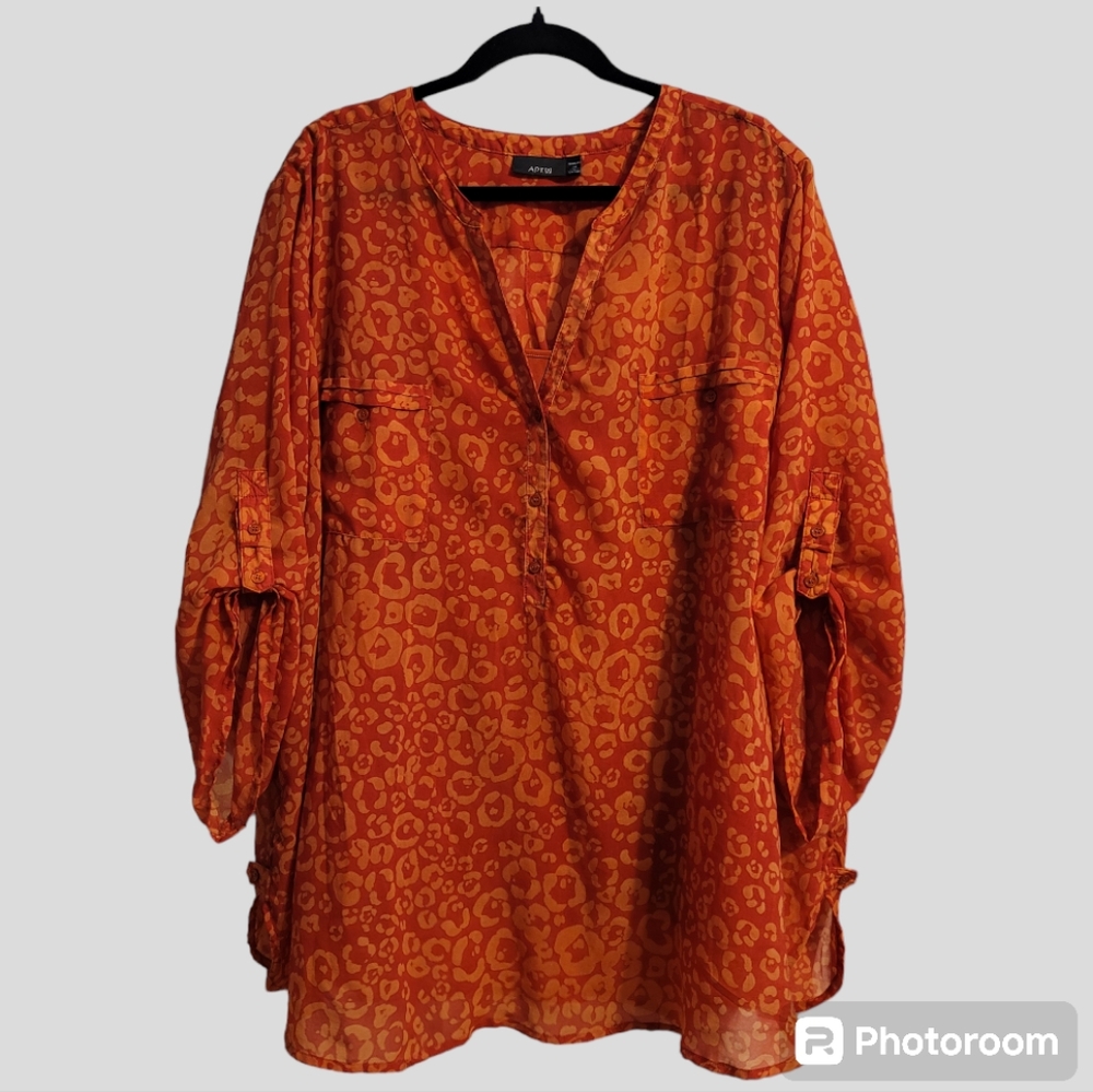 APT. 9 Tunic Top Women's 3X Terra Cotta Roll-Tab Sleeve Chiffon Layered Cheetah